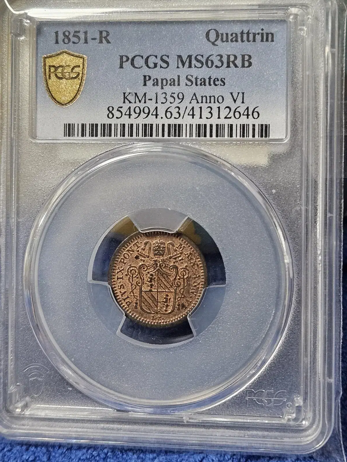 바티칸 교황령 1851년  1  콰트린 PCGS MS 63 RB